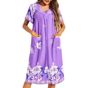 imageEkouaer Womens Short Sleeve House Dress Floral Mumu Dress Duster Housecoat Button Down Nightgown with PocketsPurple Flower