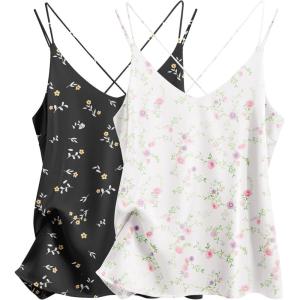 imageEkouaer Womens Silk Satin Camisole Tank Tops V Neck Spaghetti Strap Blouses Cross Back Sleeveless Cami ShirtBlack Floralwhite Floral