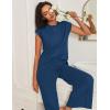 imageEkouaer Lounge Sets for Women Two Piece Outfits Knit Cap Sleeve Tops Wide Leg Pleated Pants Casual Dressy Sweater SetsIndigo