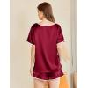 imageEkouaer Satin Pajama Set for Women 2 Piece Silk Pjs Soft Short Sleeve Sleepwear Top with Ruffle Shorts SXXLWine Red