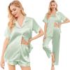 imageEkouaer Silk Satin Pajama Set for Women Soft Short Sleeve Button Down Pj Sets 3 Piece Sleepwear Loungewear SXXLLight Green