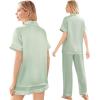 imageEkouaer Silk Satin Pajama Set for Women Soft Short Sleeve Button Down Pj Sets 3 Piece Sleepwear Loungewear SXXLLight Green