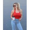 imageEkouaer Women Halter Top Backless Scroop Neck Slim Stretchy Ribbed Knit Camisole Crop Tops SXXLRed