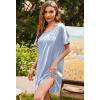 imageEkouaer Womens Satin Nightgowns V Neck Side Split Sleepshirt Short Sleeves Sleepwear Chest Pocket Nightshirt SXXLBlue Stripe
