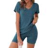 imageEkouaer Biker Short Sets Women 2 Piece Outfits Ribbed Pajama Short Sleeve Workout SetBlue Green