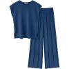imageEkouaer Lounge Sets for Women Two Piece Outfits Knit Cap Sleeve Tops Wide Leg Pleated Pants Casual Dressy Sweater SetsIndigo