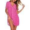 imageEkouaer Nightgowns for Women Button Down Sleepshirt Short Sleeve Nightshirt Boyfriend Pajamas V Neck Nightdress SXXXLRose Red Leopard