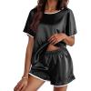 imageEkouaer Satin Pajama Set for Women 2 Piece Silk Pjs Soft Short Sleeve Sleepwear Top with Ruffle Shorts SXXLBlack