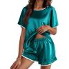 imageEkouaer Satin Pajama Set for Women 2 Piece Silk Pjs Soft Short Sleeve Sleepwear Top with Ruffle Shorts SXXLBlue Green