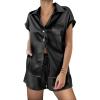 imageEkouaer Satin Pajamas WomenS Short Sleeve Sleepwear Soft Silk Button Down Loungewear Pjs Shorts Set Black M