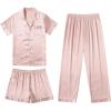 imageEkouaer Silk Satin Pajama Set for Women Soft Short Sleeve Button Down Pj Sets 3 Piece Sleepwear Loungewear SXXLLotus Pink