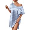 imageEkouaer Womens Satin Nightgowns V Neck Side Split Sleepshirt Short Sleeves Sleepwear Chest Pocket Nightshirt SXXLBlue Stripe