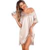 imageEkouaer Womens Satin Nightgowns V Neck Side Split Sleepshirt Short Sleeves Sleepwear Chest Pocket Nightshirt SXXLChampagne