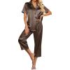 imageEkouaer Womens Satin Pajamas Silk Capri Pjs 2 Piece Lounge Sets Short Sleeve Button Down SleepwearSudan Brown