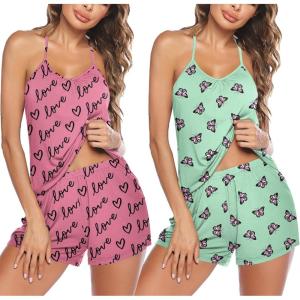 imageEkouaer 2 Pack Womens Cami Pajamas Sets Lingerie Sleeveless Soft Pjs Set with Shorts SleepwearLove HeartLight Green Butterfly