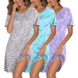 imageEkouaer 3 Pack Nightgowns for Women Short Sleeve Sleepshirt Button Down Nightshirt Soft Pajamas Dress Casual SleepwearBlue PrintCoffee CupPurple Stars