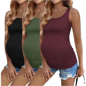 imageEkouaer 3 Pack Women Maternity Tank Tops Ruch Side Basic Shirts Summer Postpartum Tops Sleeveless Pregnancy Workout ClothesBlackArmy GreenDark Red