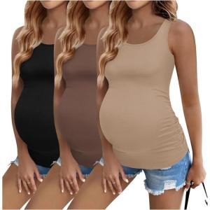 imageEkouaer 3 Pack Women Maternity Tank Tops Ruch Side Basic Shirts Summer Postpartum Tops Sleeveless Pregnancy Workout ClothesBlackCoffeeBeige