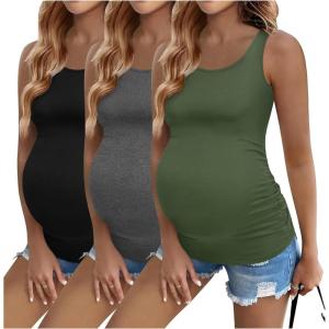 imageEkouaer 3 Pack Women Maternity Tank Tops Ruch Side Basic Shirts Summer Postpartum Tops Sleeveless Pregnancy Workout ClothesBlackDark GreyArmy Green