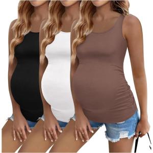 imageEkouaer 3 Pack Women Maternity Tank Tops Ruch Side Basic Shirts Summer Postpartum Tops Sleeveless Pregnancy Workout ClothesBlackWhiteCoffee