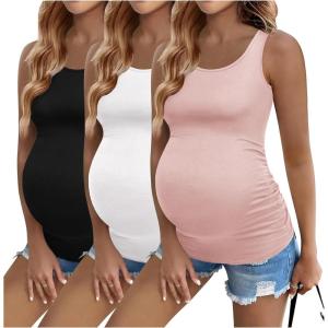 imageEkouaer 3 Pack Women Maternity Tank Tops Ruch Side Basic Shirts Summer Postpartum Tops Sleeveless Pregnancy Workout ClothesBlackWhiteDirty Pink