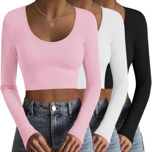 imageEkouaer 3 Piece Long Sleeve Crop Tops for Women Scroop Neck Base Layer Basic Thermal Undershirts SXXLA BlackWhitePink