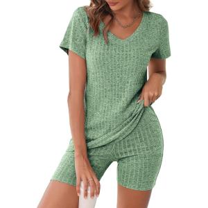imageEkouaer Biker Short Sets Women 2 Piece Outfits Ribbed Pajama Short Sleeve Workout SetGreen