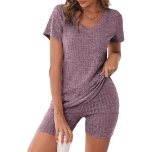 imageEkouaer Biker Short Sets Women 2 Piece Outfits Ribbed Pajama Short Sleeve Workout SetPurple