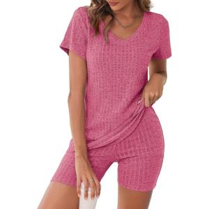imageEkouaer Biker Short Sets Women 2 Piece Outfits Ribbed Pajama Short Sleeve Workout SetRose Red