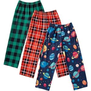 imageEkouaer Boys Pajama Pants 3 Pack Sleep Pants Soft Elastic Waist Kids Pajama Bottoms Plaid Lounge Pants with 2 PocketsRed and Green Plaid and Ball Print