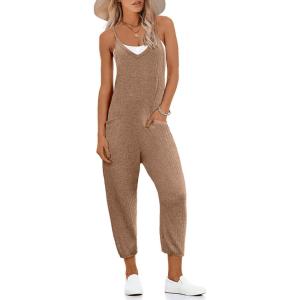 imageEkouaer Jumpsuits for Women Sleeveless Spaghetti Strap Ribbed Overall Jumpsuit V Neck Summer Romper with Pockets 2025Brown