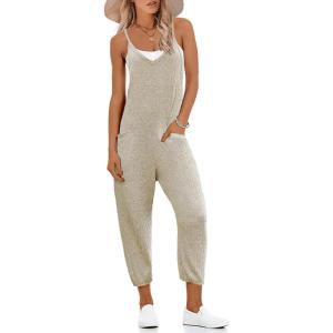 imageEkouaer Jumpsuits for Women Sleeveless Spaghetti Strap Ribbed Overall Jumpsuit V Neck Summer Romper with Pockets 2025Khaki
