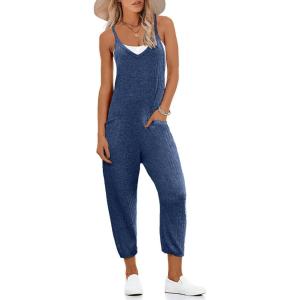 imageEkouaer Jumpsuits for Women Sleeveless Spaghetti Strap Ribbed Overall Jumpsuit V Neck Summer Romper with Pockets 2025Navy Blue