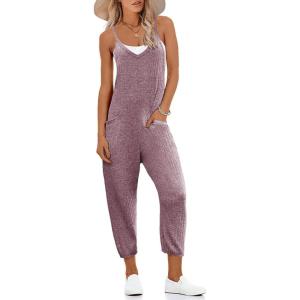imageEkouaer Jumpsuits for Women Sleeveless Spaghetti Strap Ribbed Overall Jumpsuit V Neck Summer Romper with Pockets 2025Purple Red