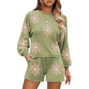 imageEkouaer Knit Pajamas Set for Women Lounge Wear Sets Long Sleeve Sweatsuit Matching 2 Piece Outfits Casual Sweater Sets SXXLAgreen Flower