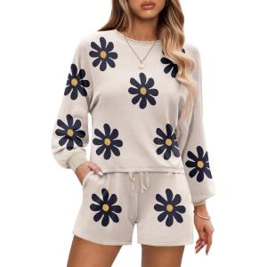 imageEkouaer Knit Pajamas Set for Women Lounge Wear Sets Long Sleeve Sweatsuit Matching 2 Piece Outfits Casual Sweater Sets SXXLAwhite Flower