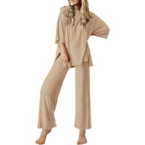 imageEkouaer Lounge Sets for Women Short Sleeve Tops and Long Pants Soft Comfy Pajamas Set 2 Piece Outfits SXXLKhaki