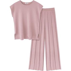 imageEkouaer Lounge Sets for Women Two Piece Outfits Knit Cap Sleeve Tops Wide Leg Pleated Pants Casual Dressy Sweater SetsDusty Rose