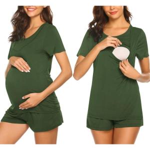 imageEkouaer Maternity Nursing Pajamas Set Short Sleeve Breastfeeding Sleepwear Double Layer Postpartum Top and Shorts SetArmy Green