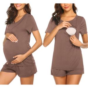 imageEkouaer Maternity Nursing Pajamas Set Short Sleeve Breastfeeding Sleepwear Double Layer Postpartum Top and Shorts SetBrown