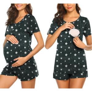 imageEkouaer Maternity Nursing Pajamas Set Short Sleeve Breastfeeding Sleepwear Double Layer Postpartum Top and Shorts SetDark Grey Stars
