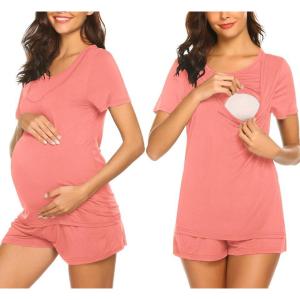 imageEkouaer Maternity Nursing Pajamas Set Short Sleeve Breastfeeding Sleepwear Double Layer Postpartum Top and Shorts SetOrange Pink