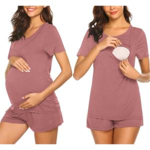 imageEkouaer Maternity Nursing Pajamas Set Short Sleeve Breastfeeding Sleepwear Double Layer Postpartum Top and Shorts SetPurple Red