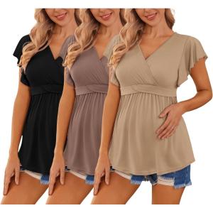 imageEkouaer Maternity Shirts 3 Packs Flying Short Sleeve Nursing Tops Pregnancy ClothesKhakibrownblack3pcs