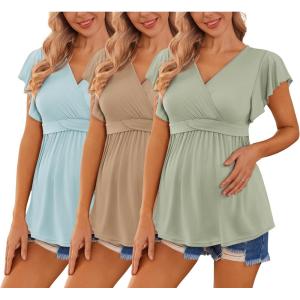 imageEkouaer Maternity Shirts 3 Packs Flying Short Sleeve Nursing Tops Pregnancy ClothesLight Bluekhakilight Green3pcs