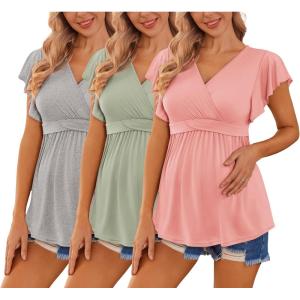 imageEkouaer Maternity Shirts 3 Packs Flying Short Sleeve Nursing Tops Pregnancy ClothesLight Greylight Greenorange Pink3pcs