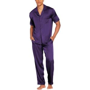 imageEkouaer Men Satin Silk Pajamas Set 2 Piece Button Down Sleepwear Long Pants Loungewear with PocketsDeep Purple