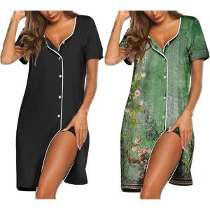 imageEkouaer Nightgowns for Women 2 Pack Button Down Sleepshirt Short Sleeve Nightshirt Soft Sleepwear V Neck Pajama DressBlackGreen Flower