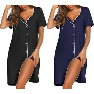 imageEkouaer Nightgowns for Women 2 Pack Button Down Sleepshirt Short Sleeve Nightshirt Soft Sleepwear V Neck Pajama DressBlackNavy Blue