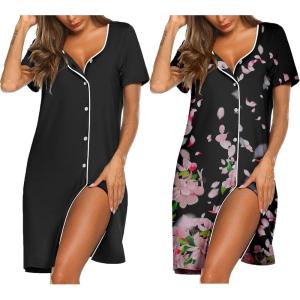 imageEkouaer Nightgowns for Women 2 Pack Button Down Sleepshirt Short Sleeve Nightshirt Soft Sleepwear V Neck Pajama DressBlackPink Flower